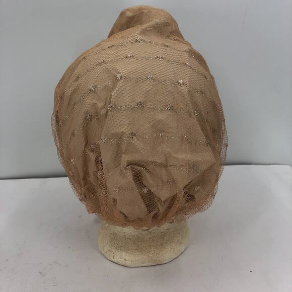 Vintage 1950\'s Hair Bonnet Vinyl w/ Metallic Mesh Overlay Neck Tie Curlers NUDE main image 7